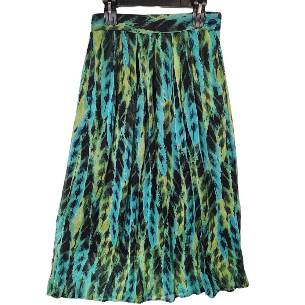 New Direction Flowy Skirt Women's Size Small Lined Feather Print Stretch Waist